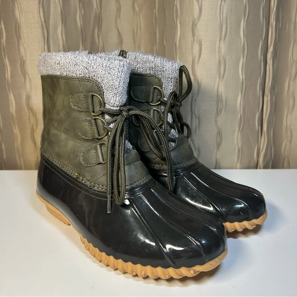 Sporto Lauren Women's 5.5 Ankle Duck Boot Black Olive Gray Knit Side Zip